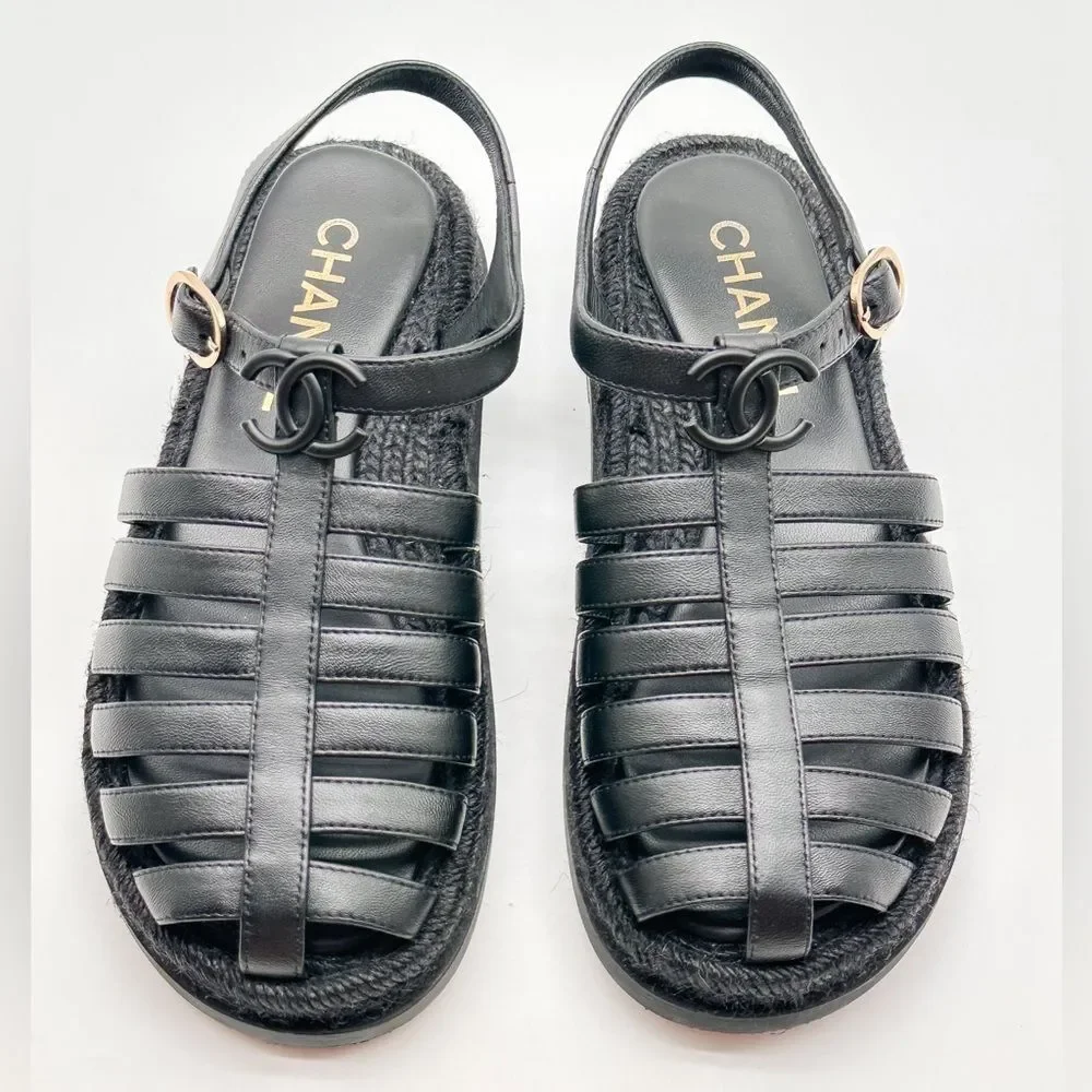 CHANEL 2024 CC Logo Black Leather Fisherman Rope Sole Dad Sandals Flats EU 37